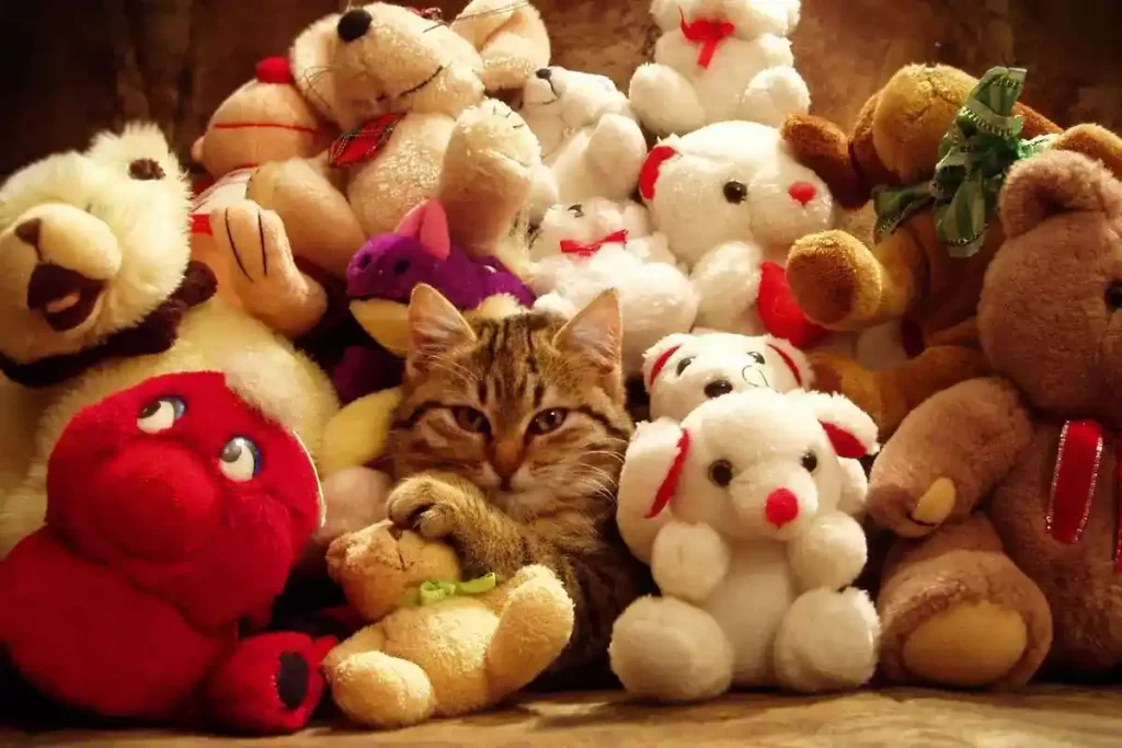 cat surrounded by toys